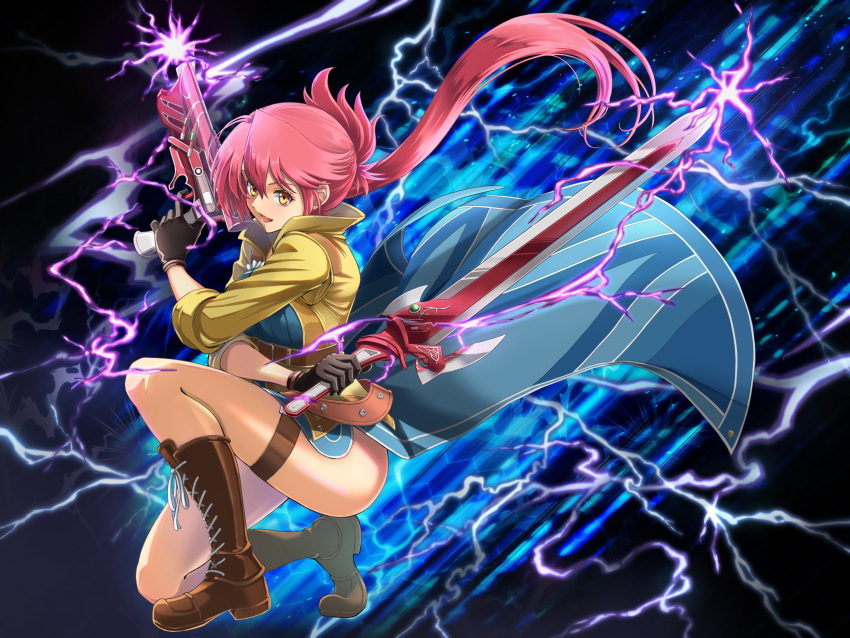 1girl black_gloves boots chiga_akira coat dual_wielding eiyuu_densetsu floating_clothes floating_hair full_body gloves gun hair_between_eyes handgun highres holding holding_gun holding_sword holding_weapon lightning long_hair looking_at_viewer open_mouth parted_bangs pink_hair ponytail sara_valestein sen_no_kiseki smile solo sword thighs weapon yellow_eyes