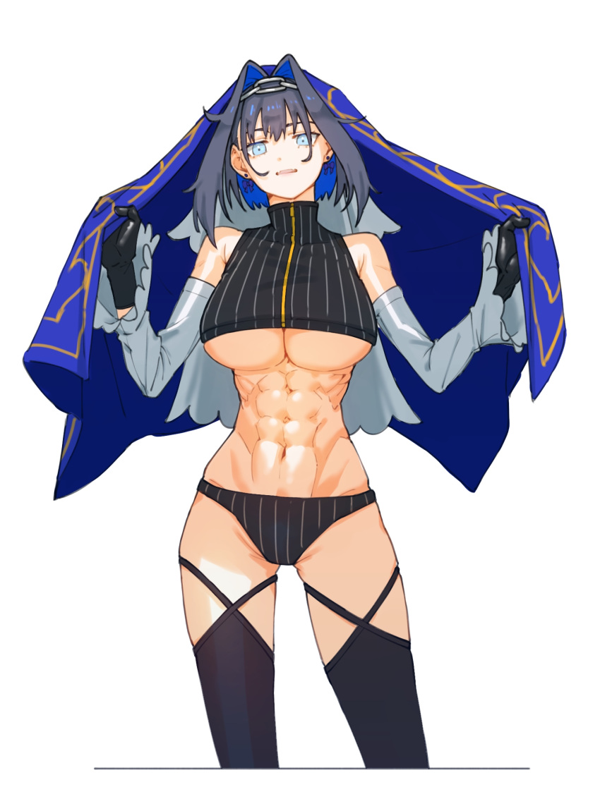 1girl abs bare_shoulders black_gloves black_hair black_panties black_shirt black_thighhighs blue_bow blue_cape blue_eyes blue_hair bow bow_earrings breasts cape chain chain_headband colored_inner_hair crop_top detached_sleeves earrings fangs gloves hair_between_eyes hair_intakes highres holding holding_cape holding_clothes hololive hololive_english jewelry large_breasts long_sleeves multicolored_hair navel ouro_kronii ouro_kronii_(1st_costume) panties shirt short_hair sidelocks simple_background skin_fangs sleeveless sleeveless_shirt sleeveless_turtleneck solo stomach thighhighs toned turtleneck two-tone_hair underboob underwear veil virtual_youtuber white_background yuutomeh