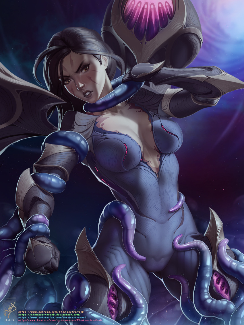 1girl black_gloves bodysuit breasts clenched_hand collarbone cowboy_shot gloves grey_bodysuit hand_up highres kai'sa large_breasts league_of_legends legs_apart monster purple_background restrained solo starry_background teeth tentacles themaestronoob web_address wings