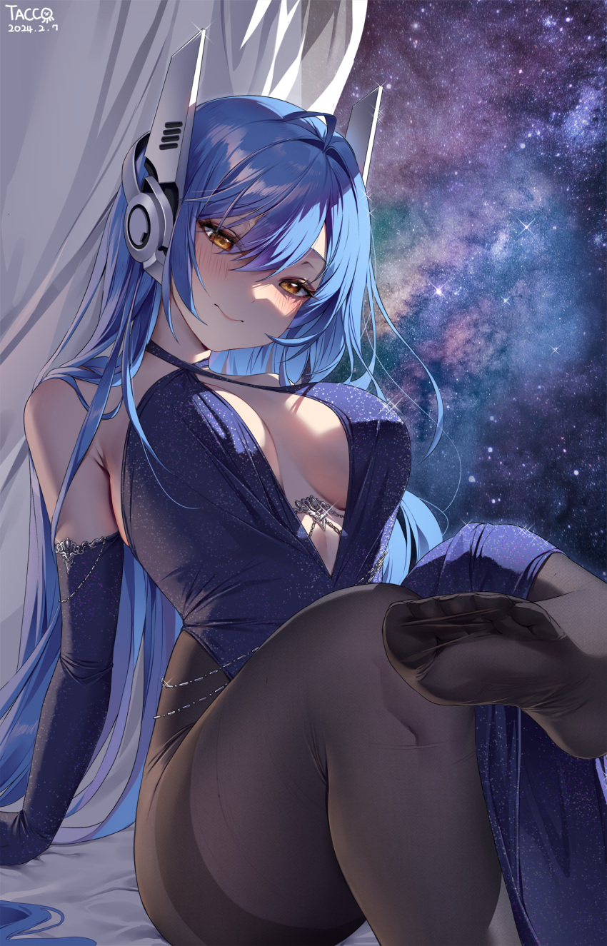 1girl artist_name bare_shoulders black_pantyhose blue_dress blue_gloves blue_hair blush breasts cleavage closed_mouth commentary commission dated dress elbow_gloves english_commentary feet girls'_frontline gloves highres large_breasts long_hair looking_at_viewer night pantyhose pixiv_commission sitting smile soles solo tacco_(tikeworld) tar-21_(girls'_frontline) thighband_pantyhose thighs yellow_eyes