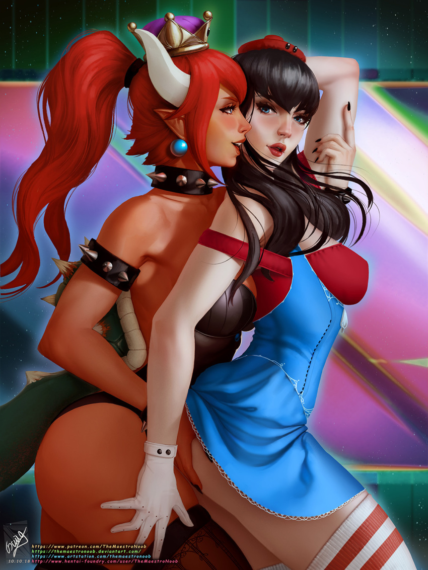 2girls :d armlet bare_shoulders black_hair black_leotard black_nails black_thighhighs bowsette character_request collar dark-skinned_female dark_skin dress earrings genderswap genderswap_(mtf) gloves green_dress hand_on_another's_ass highres horns jewelry leotard lizard_tail looking_at_viewer looking_to_the_side mario mario_(series) multiple_girls nail_polish pointy_ears ponytail red_hair red_headwear red_thighhighs smile spiked_armlet spiked_collar spiked_shell spikes tail teeth themaestronoob thighhighs white_gloves white_horns white_thighhighs