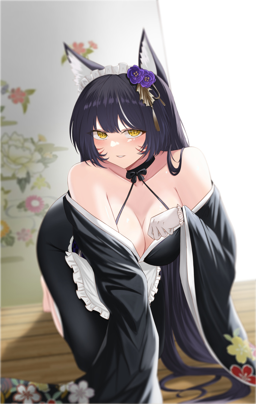 1girl absurdres all_fours animal_ear_fluff animal_ears apron azur_lane bare_shoulders black_hair black_kimono breasts cleavage facial_mark floral_print flower fox_ears frilled_apron frilled_gloves frilled_hairband frills gloves hair_flower hair_ornament hairband highres indoors japanese_clothes kimono kitsune large_breasts long_hair long_sleeves looking_at_viewer maid maid_headdress musashi_(azur_lane) musashi_(violet_moonglow)_(azur_lane) official_alternate_costume purple_flower slqnsdl solo very_long_hair wa_maid whisker_markings white_gloves wide_sleeves wooden_floor