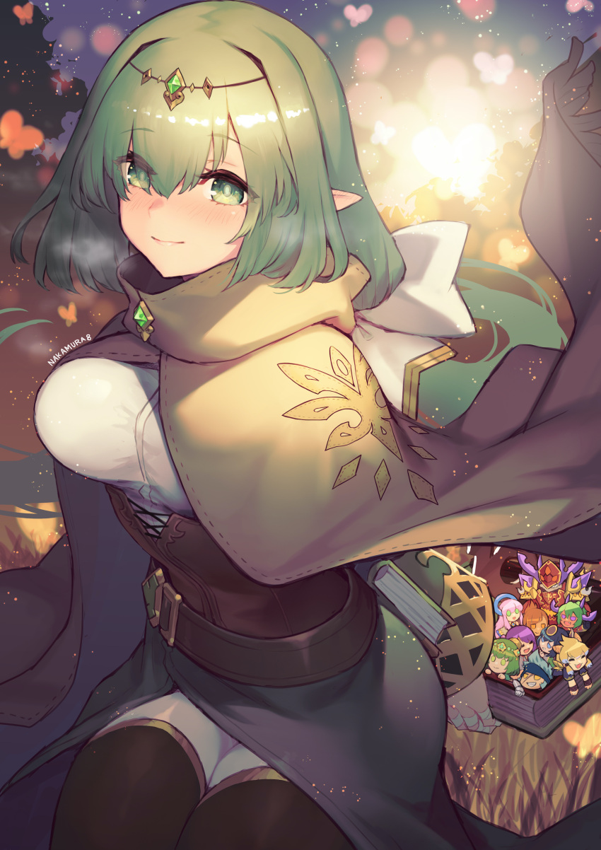 1girl absurdres arm_behind_back belt book breasts circlet cloak closed_mouth commentary cowboy_shot eyebrows_visible_through_hair eyelashes eyes_visible_through_hair gem gold_trim green_eyes green_hair hair_between_eyes highres jewelry long_hair nakamura_eight original outdoors pointy_ears puzzle_&amp;_dragons shiny shiny_hair shirt sitting smile solo_focus sparkle taut_clothes taut_shirt thighhighs thighs