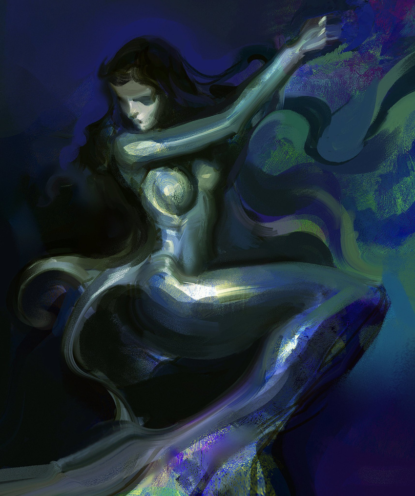 1girl arms_up back_fin black_hair breasts brown_hair closed_eyes completely_nude faux_traditional_media fins floating_hair full_body highres lips long_hair medium_breasts mermaid monster_girl nude original shiny_skin solo submerged turning_head yuming_li