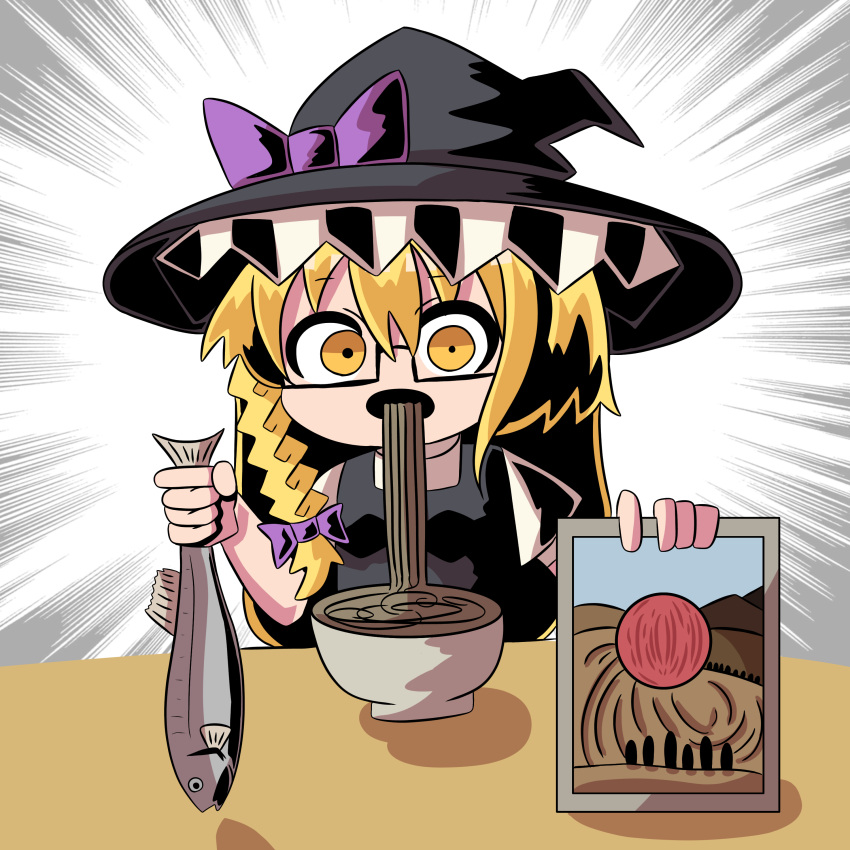 1girl absurdres animal black-framed_eyewear black_headwear black_vest blank_stare blonde_hair bow braid breasts commentary_request cookie_(touhou) eating emphasis_lines fish food frilled_hat frills glasses hair_bow hat hat_bow highres holding holding_animal holding_fish holding_painting kirisame_marisa long_hair looking_at_viewer noodles open_mouth painting_(object) puffy_short_sleeves puffy_sleeves purple_bow rectangular_eyewear semi-rimless_eyewear shirt short_sleeves single_braid small_breasts soba solo sznkrs table touhou under-rim_eyewear upper_body uzuki_(cookie) vest white_shirt witch_hat yellow_eyes