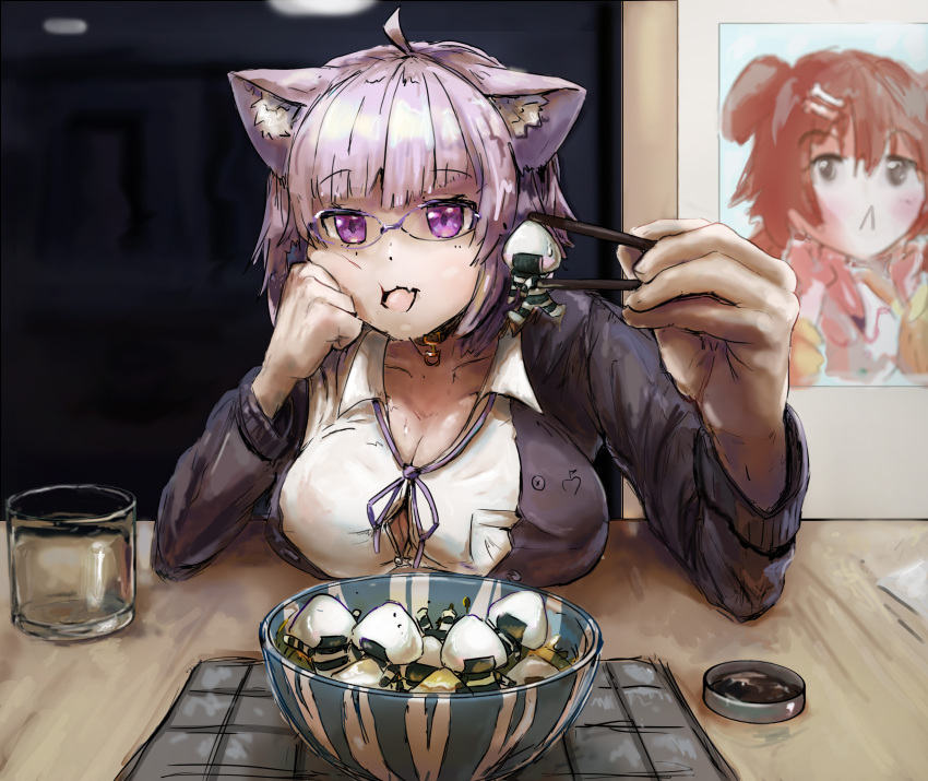 2girls animal_ears bowl breasts cat_ears cat_girl cat_tail chopsticks cup drinking_glass food glasses highres holding holding_chopsticks hololive inugami_korone large_breasts liamickpie looking_at_viewer multiple_girls nekomata_okayu nekomata_okayu_(oversized_shirt) official_alternate_costume onigirya_(nekomata_okayu) table tail virtual_youtuber