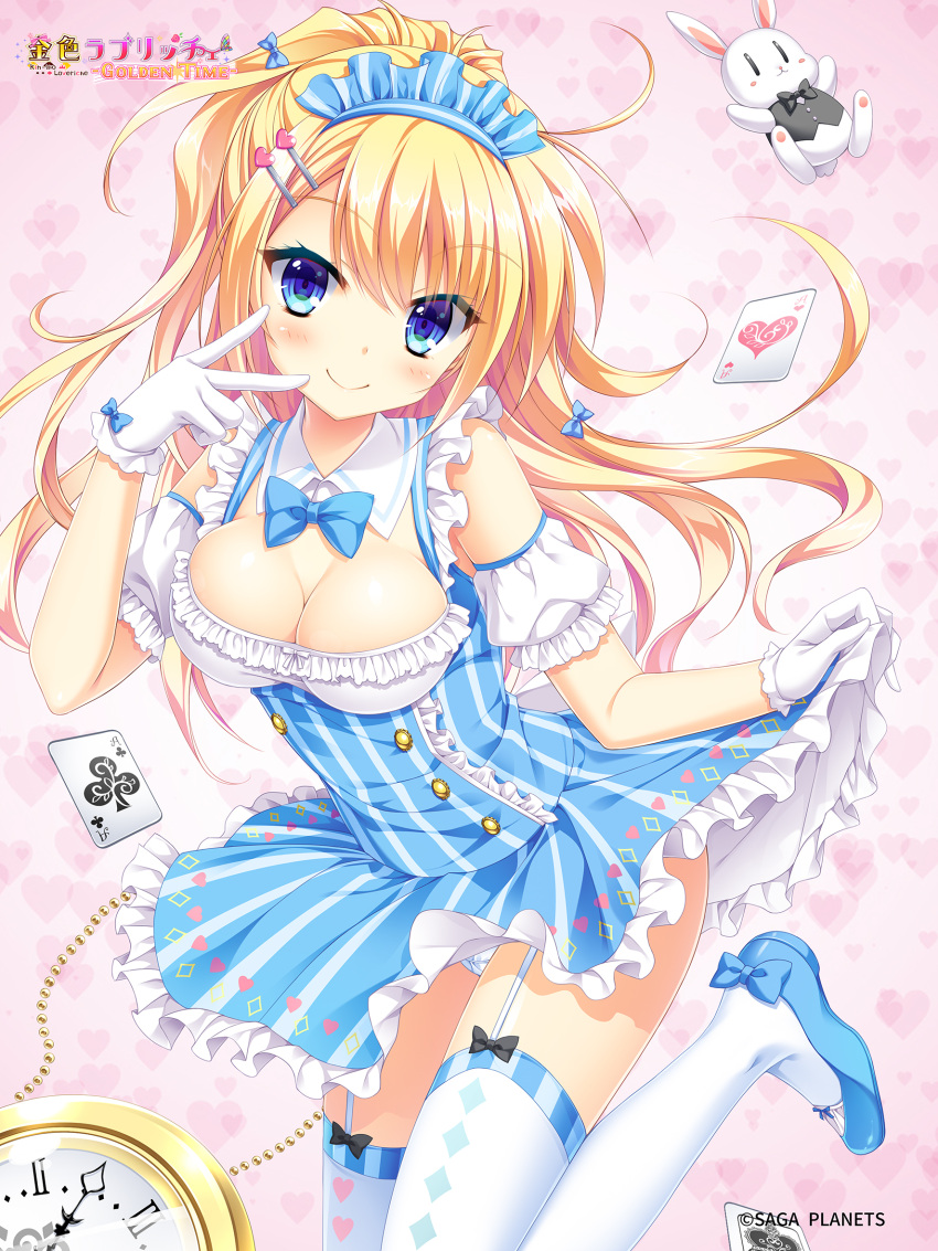 1girl alice_(alice_in_wonderland) alice_(alice_in_wonderland)_(cosplay) alice_in_wonderland blue_bow blue_bowtie blue_dress blue_eyes blue_footwear blush bow bow_legwear bowtie breasts card center_frills cleavage closed_mouth clothes_lift colored_eyelashes company_name copyright_name cosplay detached_collar detached_sleeves diamond_print dress dress_lift eyelashes eyes_visible_through_hair floating_hair foot_out_of_frame footwear_bow frilled_dress frilled_sleeves frills garter_straps gloves hair_between_eyes hair_bow hair_ornament hairclip half_updo hand_up heart heart_background heart_hair_ornament heart_print highres kin-iro_loveriche kisaki_reina large_breasts lifted_by_self long_hair looking_at_viewer maid_headdress official_art panties panty_peek pink_background playing_card pocket_watch ponytail puffy_short_sleeves puffy_sleeves shiny_skin shoes short_dress short_sleeves simple_background sleeveless sleeveless_dress smile solo standing standing_on_one_leg stuffed_animal stuffed_rabbit stuffed_toy thighhighs toranosuke underwear v watch wavy_hair white_gloves white_panties white_thighhighs zettai_ryouiki