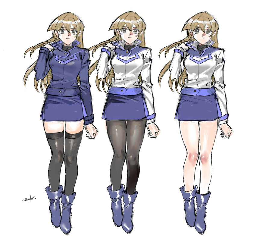 203wolves black_legwear blue_footwear blue_jacket blue_skirt brown_eyes brown_hair closed_mouth duel_academy_uniform_(yu-gi-oh!_gx) floating_hair full_body hand_in_hair highres jacket long_hair long_sleeves looking_at_viewer miniskirt pantyhose shiny shiny_clothes shiny_hair shiny_legwear simple_background sketch skirt straight_hair tenjouin_asuka thigh_gap thighhighs variations very_long_hair white_background white_jacket yu-gi-oh! yu-gi-oh!_gx