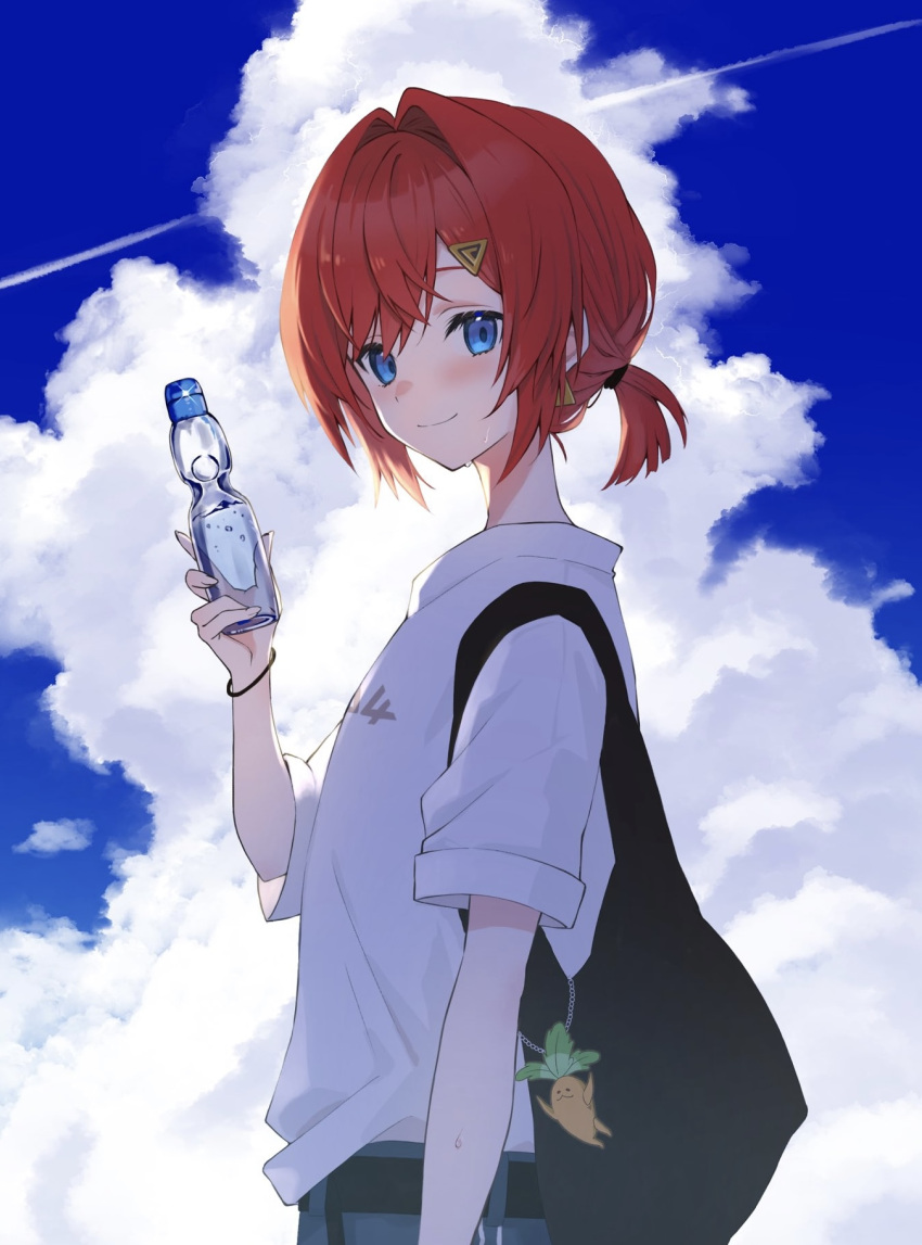 1girl alternate_costume ange_katrina black_bag blue_eyes blue_sky blush bottle closed_mouth cloud cloudy_sky commentary_request cowboy_shot cumulonimbus_cloud hair_intakes haruwo highres holding holding_bottle looking_at_viewer nijisanji outdoors ramune red_hair shirt short_hair short_ponytail short_sleeves sky smile solo triangle_hair_ornament virtual_youtuber white_shirt