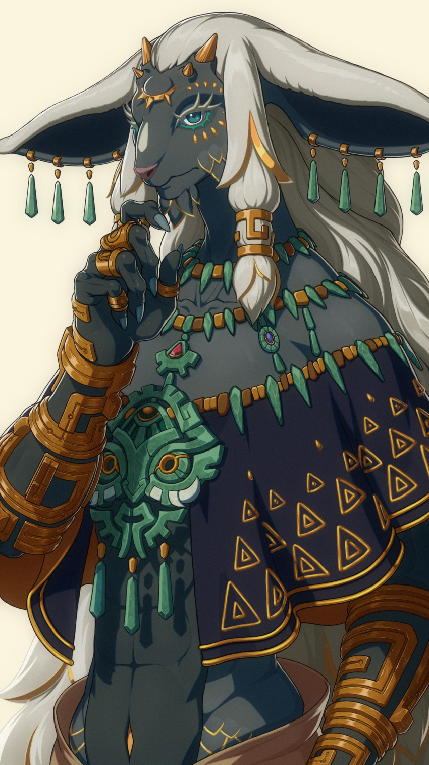 1boy abs bite_addict black_capelet capelet dangle_earrings earrings facial_mark furry furry_male green_eyes grey_hair hand_on_own_chin highres jewelry large_ears long_hair male_focus multiple_earrings necklace rauru_(tears_of_the_kingdom) ring stroking_own_chin the_legend_of_zelda the_legend_of_zelda:_tears_of_the_kingdom third_eye upper_body very_long_hair zonai