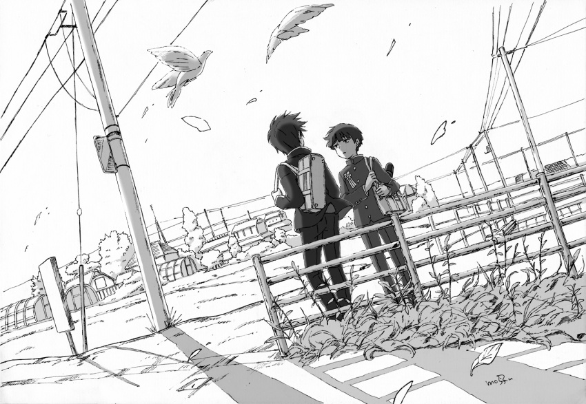 2boys animal bag bird brothers building collared_shirt day dutch_angle eokonuzu facing_another facing_to_the_side falling_leaves floating_clothes flower gakuran graduated_cylinder greyscale kageyama_ritsu kageyama_shigeo leaf long_sleeves looking_at_another male_focus mob_psycho_100 monochrome multiple_boys outdoors pants plant power_lines railing road school_bag school_uniform shirt short_hair siblings sky standing utility_pole wind