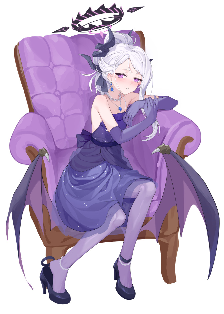 1girl absurdres anklet armchair blue_archive blush chair commentary dress earrings full_body gloves halo high_heels highres hina_(blue_archive) hina_(dress)_(blue_archive) horns jewelry long_hair looking_at_viewer low_wings necklace pantyhose pointy_ears purple_dress purple_eyes purple_gloves purple_pantyhose simple_background sitting solo white_background wings yume_(454565427)