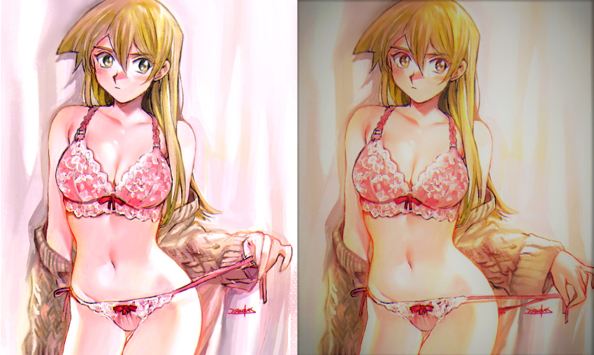 1girl 203wolves ass_visible_through_thighs bangs blonde_hair blush bra breasts brown_eyes cleavage closed_mouth collarbone cowboy_shot groin hair_between_eyes highres long_hair looking_at_viewer medium_breasts navel panties pink_bra pink_panties red_ribbon ribbon ribbon-trimmed_bra ribbon-trimmed_panties shiny shiny_hair side-tie_panties signature solo standing straight_hair tenjouin_asuka thigh_gap underwear underwear_only untied untied_panties untying very_long_hair yu-gi-oh! yu-gi-oh!_gx