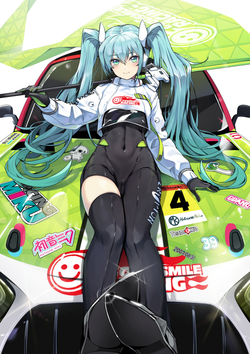 1girl aqua_eyes aqua_hair asymmetrical_bodysuit black_bodysuit black_footwear bodysuit boots car closed_mouth covered_navel cropped_jacket ddangbi flag flagpole flame_print gloves goodsmile_company goodsmile_racing green_flag green_gloves hatsune_miku highres holding holding_flag holding_pole jacket leaning_against_vehicle long_hair long_sleeves looking_at_viewer motor_vehicle pole puffy_long_sleeves puffy_sleeves race_queen race_vehicle racecar racing_miku racing_miku_(2022) simple_background single_leg_bodysuit single_thigh_boot smile smiley_face solo super_gt text_print thigh_boots twintails two-tone_gloves vocaloid white_background white_jacket