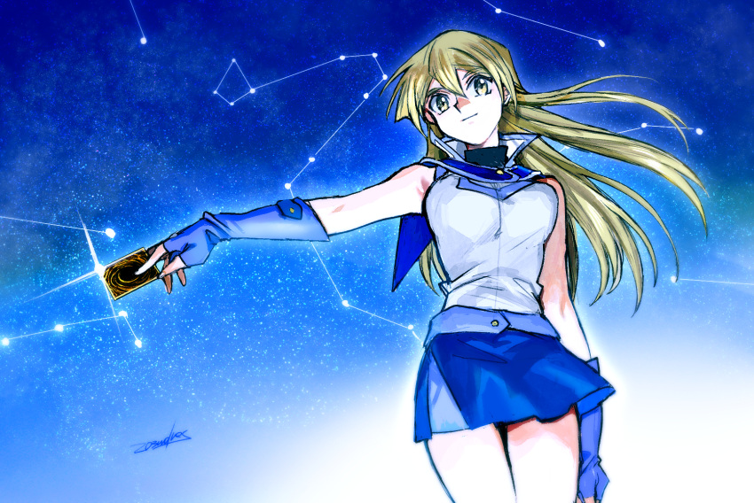 1girl 203wolves blonde_hair blue_background blue_gloves blue_sailor_collar blue_skirt card closed_mouth constellation cowboy_shot fingerless_gloves floating_hair gloves highres holding holding_card jacket long_hair looking_at_viewer miniskirt outstretched_arm sailor_collar signature skirt sleeveless sleeveless_jacket smile solo standing straight_hair tenjouin_asuka very_long_hair white_jacket yellow_eyes yu-gi-oh! yu-gi-oh!_gx