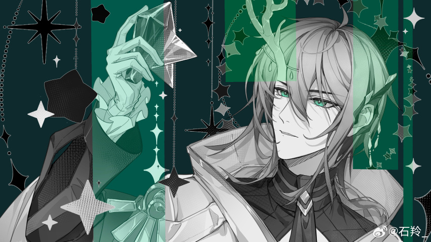 1boy absurdres alkaid_mcgrath antlers circlet cleavage_cutout cloak clothing_cutout ear_covers frilled_sleeves frills gem gloves green_background green_eyes greyscale_with_colored_background hair_between_eyes highres holding holding_gem horns layered_sleeves long_sleeves looking_at_object lovebrush_chronicles male_focus medium_hair parted_lips puffy_long_sleeves puffy_sleeves revealing_layer shiling shirt single_antler single_ear_cover solo star_(symbol) upper_body weibo_logo weibo_username