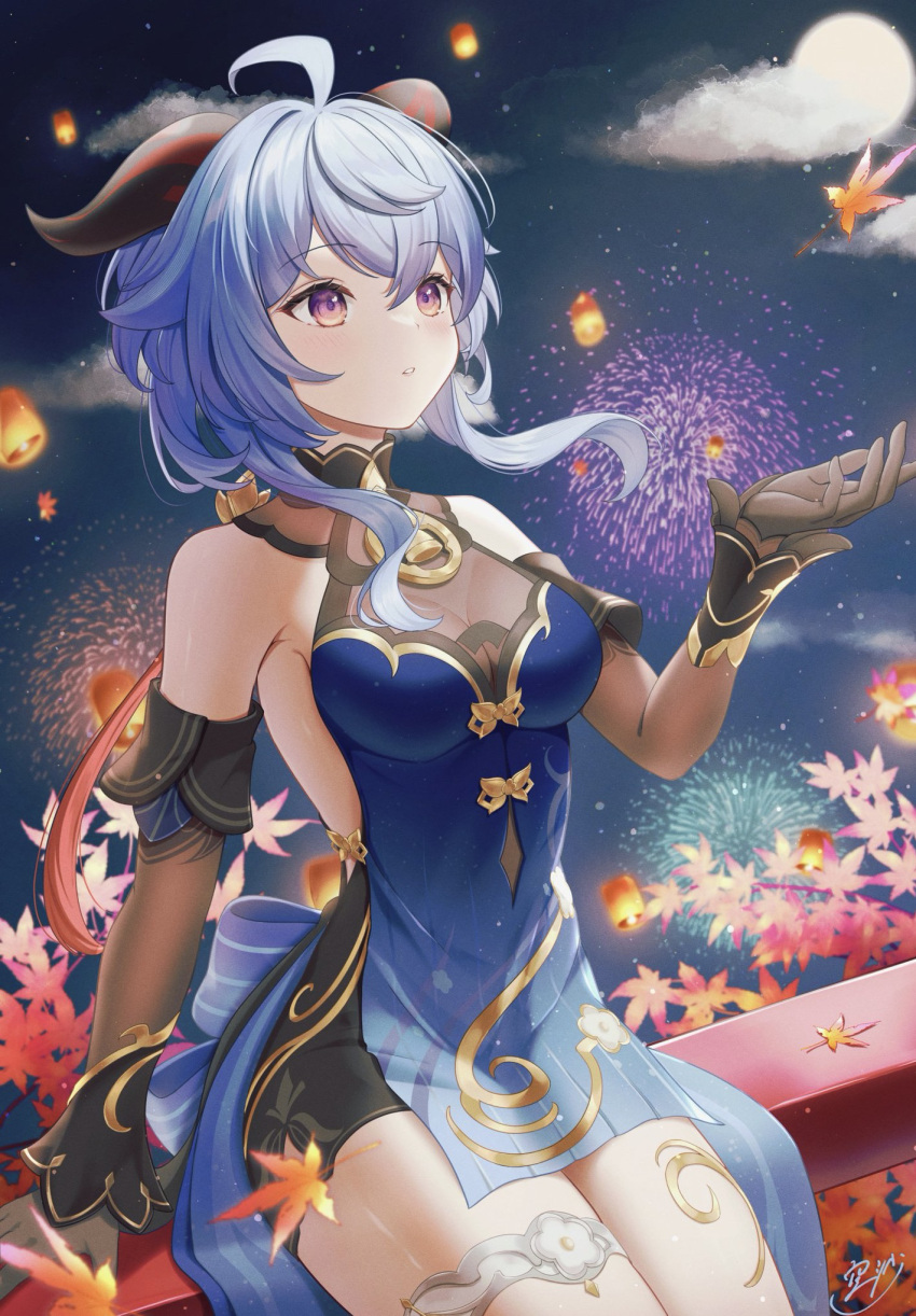 1girl ahoge blue_dress blue_hair breasts commentary_request dress elbow_gloves fireworks ganyu_(genshin_impact) genshin_impact gloves highres horns medium_breasts medium_hair night night_sky parted_lips purple_eyes sitting sky sleeveless sleeveless_dress sola_num_5130 solo thigh_strap thighs