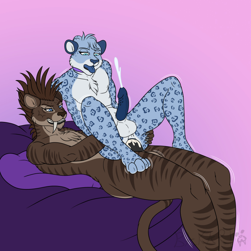 absurd_res anal anal_penetration anthro bakari_abamwemwande_(character) balls bed big_chief_bakari_(artist) blue_body blue_eyes blue_fur blue_nose blue_tongue bodily_fluids brown_body brown_fur brown_nose butt chest_tuft clenched_teeth cobalt_chloride collar collar_only cum cum_in_ass cum_inside cum_while_penetrated duo erection fangs felid fur furniture genital_fluids genitals gradient_background head_tuft hi_res holding_another holding_butt leopard_spots male male/male mammal mohawk muscular muscular_male nude open_mouth orgasm orgasm_face pantherine penetration penis pillow saber-toothed_tiger sabertooth_(anatomy) simple_background size_difference snow_leopard spots teeth thick_thighs tongue tuft