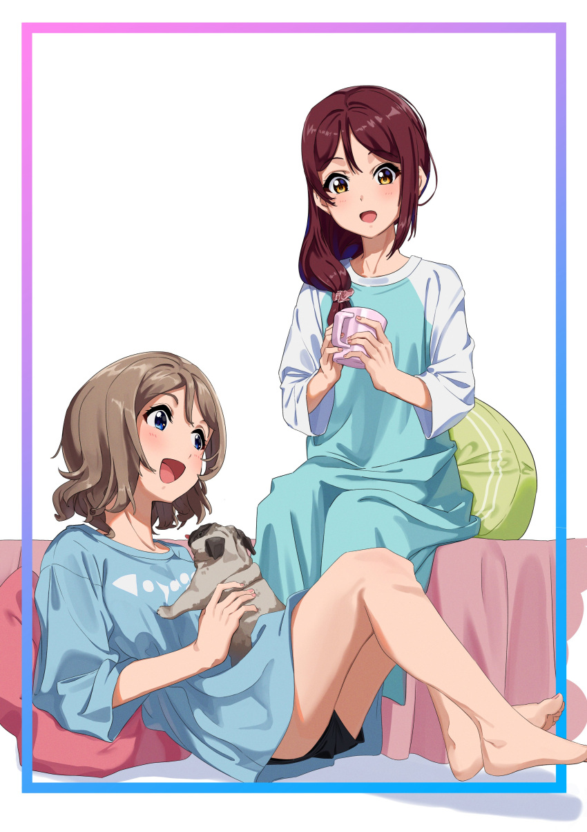 0364p absurdres barefoot blue_eyes blush brown_hair cup cushion dog highres love_live! love_live!_sunshine!! multiple_girls red_hair sakurauchi_riko short_hair simple_background smile thighs watanabe_you wavy_hair