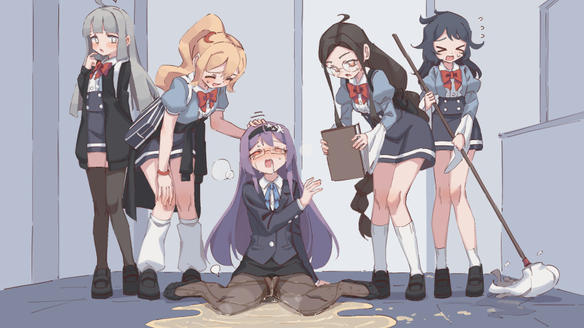 &gt;_&lt; 5girls ^_^ ahoge arm_at_side arm_behind_back backpack bag bathroom black_footwear black_hair black_hairband black_jacket black_pantyhose black_skirt black_thighhighs blonde_hair blue_ribbon blue_shirt blue_skirt blunt_bangs blush book bow bowtie breasts breath brown_hair buttons center_frills closed_eyes collared_shirt collibe_(rune_(dualhart)) commentary_request crescent crescent_hair_ornament dianthe_(rune_(dualhart)) drooling embarrassed english_commentary facing_another flat_chest flying_sweatdrops frills full_body glasses grey_eyes grey_hair hair_between_eyes hair_ornament hairband half-closed_eyes hand_on_another's_head hand_on_own_knee hand_to_own_mouth hand_up headpat high-waist_skirt highres hime_cut holding holding_book holding_mop indoors jacket juliet_sleeves kneehighs knees_together_feet_apart leaning_forward legs long_hair long_sleeves looking_at_another looking_at_viewer looking_down looking_to_the_side loose_socks low-tied_long_hair messy_hair miniskirt mixed-language_commentary mop mopping motion_lines multi-tied_hair multiple_girls neck_ribbon nervous nervous_smile nose_blush open_mouth orange_eyes original panties panties_under_pantyhose pantyhose partial_commentary pee peeing peeing_self pencil_skirt pocket puddle puff_of_air puffy_short_sleeves puffy_sleeves purple_hair raised_eyebrows red_bow red_bowtie red_eyes ribbon round_eyewear rune_(dualhart) saliva semi-rimless_eyewear shirt shirt_tucked_in shoes short_sleeves shoulder_bag side_ponytail sidelocks sitting skirt small_breasts smile socks spread_legs standing steam straight-on sweat teacher tears thighhighs thighs underwear upskirt very_long_hair victoria_(rune_(dualhart)) wariza wavy_mouth wet wet_clothes wet_panties wet_pantyhose wet_skirt white_panties white_shirt white_socks wide_sleeves yellow_pupils yurina_(rune_(dualhart)) zettai_ryouiki zofia_(rune_(dualhart))