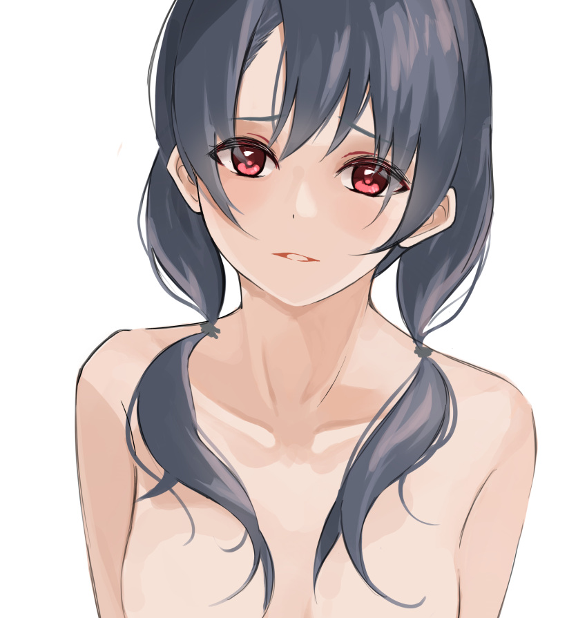 1girl breasts collarbone harada_(typeharada) highres idolmaster idolmaster_million_live! long_hair looking_at_viewer red_eyes simple_background solo takayama_sayoko twintails white_background