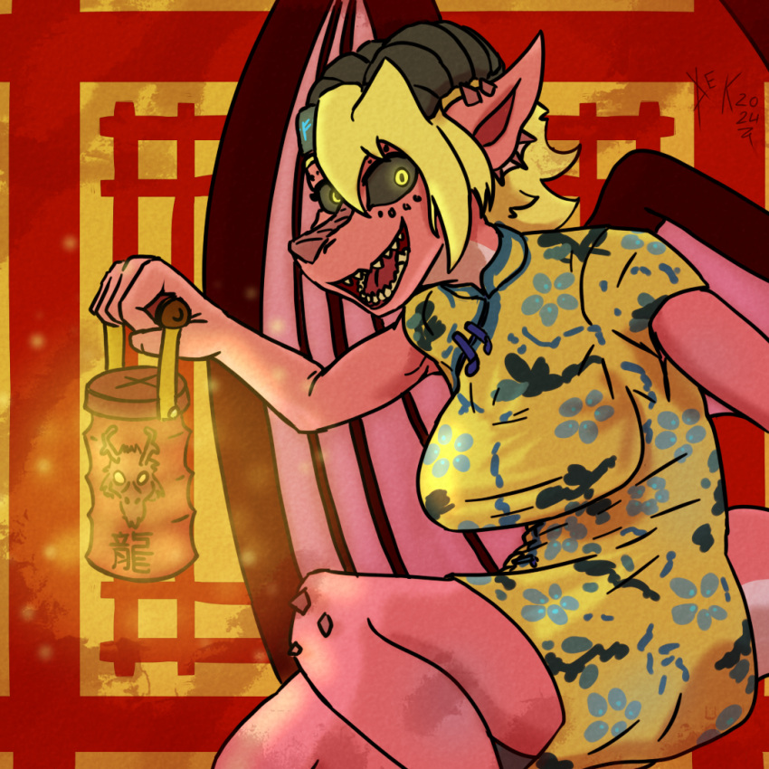 asian_clothing chinese_clothing chinese_dress chinese_new_year clothing destruteka dragon dress east_asian_clothing female gila_tamikdottir_(destruteka) happy horn lamp lantern moon_new_year pink scalie scarline western_dragon wings