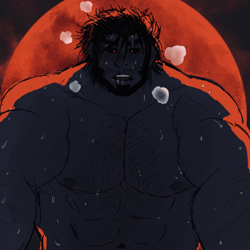 1boy arm_hair backlighting bara beard chest_hair facial_hair flower-shaped_pupils full_beard full_moon hairy heavy_breathing highres kabedon_on_viewer large_pectorals looking_at_viewer male_focus mature_male messy_hair moon muscular muscular_male mustache_stubble nipples nude original outstretched_arms pectoral_squeeze pectorals red_moon short_hair solo stubble sweat symbol-shaped_pupils thick_beard thick_eyebrows transformation upper_body very_sweaty vincet_(lostguyran0)