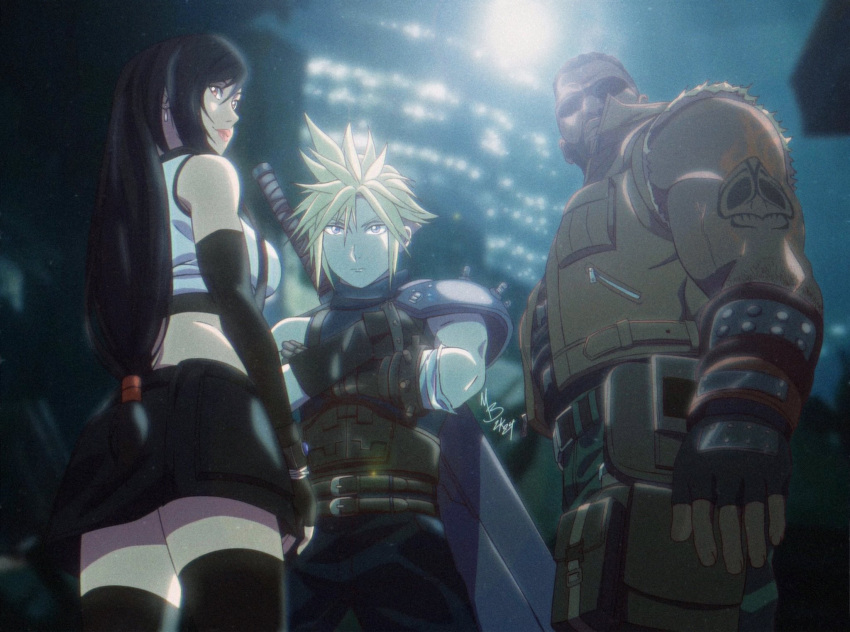 1girl 2boys arm_tattoo armor bare_shoulders barret_wallace belt black_gloves black_hair black_skirt black_thighhighs blonde_hair blue_eyes blurry blurry_background breasts brown_vest buster_sword closed_mouth cloud_strife commentary cowboy_shot crop_top crossed_arms dark-skinned_male dark_skin earrings elbow_gloves final_fantasy final_fantasy_vii final_fantasy_vii_remake fingerless_gloves from_below gloves highres jewelry large_breasts lips long_hair low-tied_long_hair matthewb64 midriff multiple_belts multiple_boys outdoors red_eyes short_hair shoulder_armor signature single_bare_shoulder skirt spiked_hair standing sunglasses suspender_skirt suspenders sweater tank_top tattoo thighhighs tifa_lockhart turtleneck turtleneck_sweater vest weapon weapon_on_back white_tank_top zettai_ryouiki