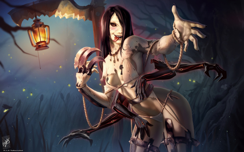 1girl black_hair black_nails black_sclera bra capelet colored_sclera extra_arms extra_eyes fiddlesticks genderswap genderswap_(mtf) grass hair_over_one_eye highres lamp league_of_legends leaning_forward long_hair long_tongue nail_polish navel night outdoors panties pasties personification red_eyes rope scythe sharp_teeth teeth themaestronoob tongue tongue_out torn_clothes tree underwear white_bra white_capelet white_panties