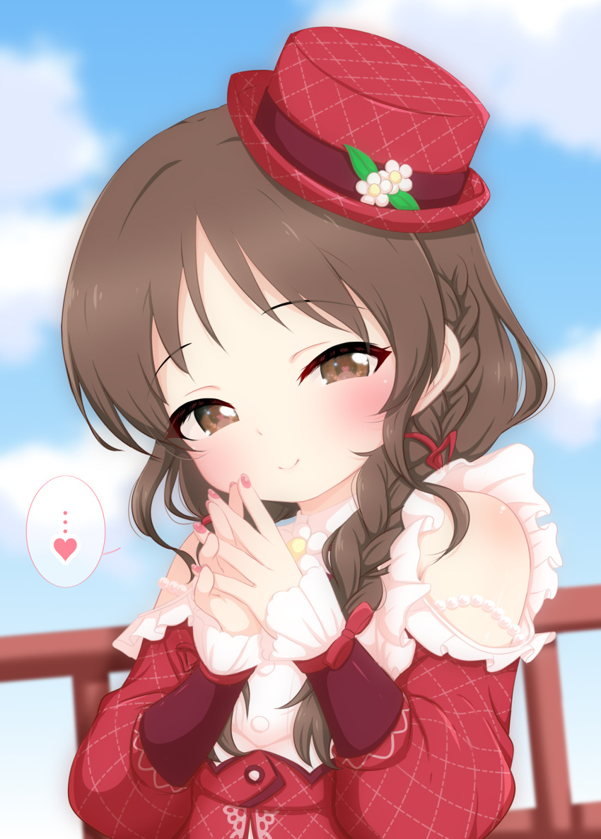 1girl bare_shoulders blush braid brown_eyes brown_hair closed_mouth clothing_cutout commentary_request dress hair_over_shoulder hat heart heart_in_eye highres hosizora_mikoto idolmaster idolmaster_cinderella_girls interlocked_fingers long_sleeves looking_at_viewer mini_hat mini_top_hat nail_polish own_hands_together pink_nails red_dress red_headwear shoulder_cutout side_braid single_braid smile solo speech_bubble symbol_in_eye tachibana_arisu tilted_headwear top_hat variant_set