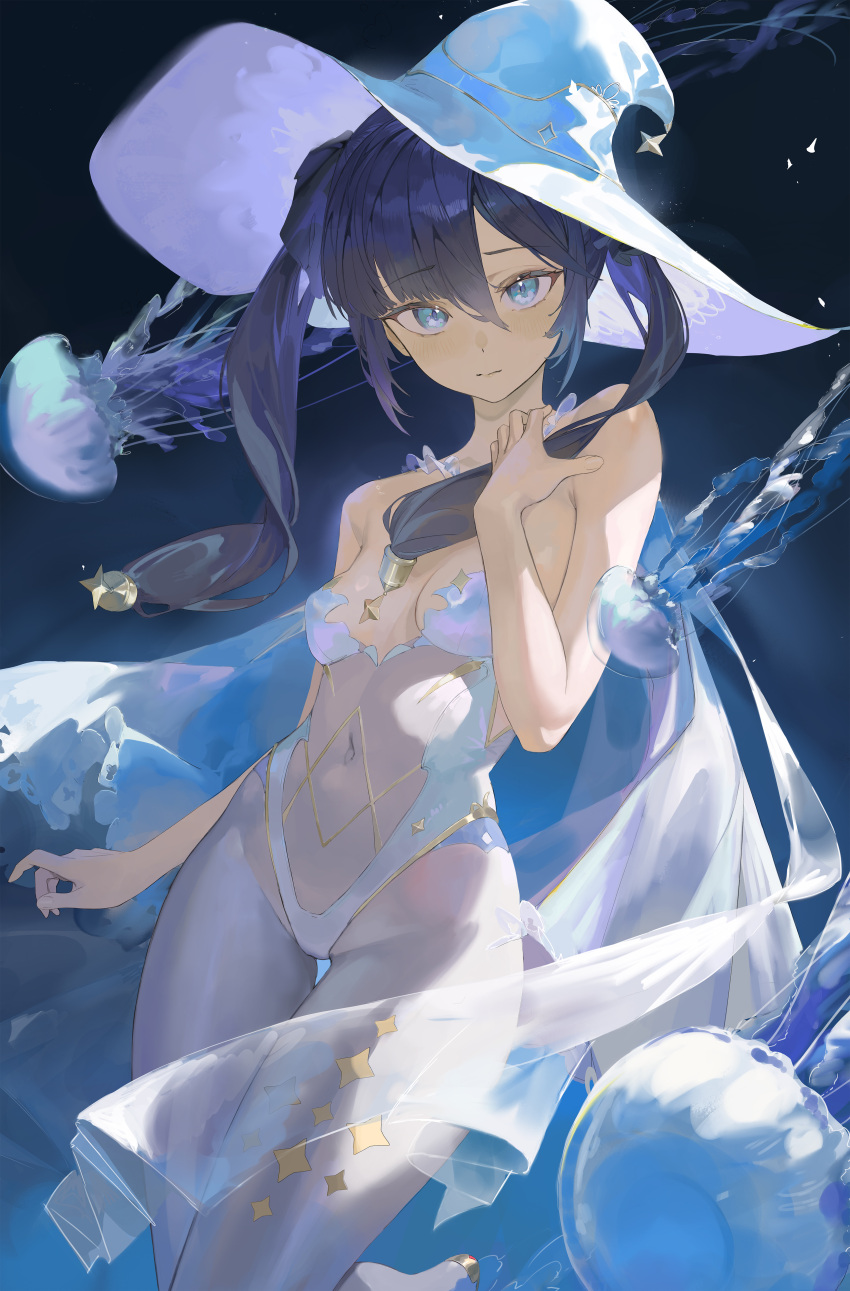 1girl absurdres arm_at_side black_background black_hair blue_background blue_eyes blue_theme breasts cape cleavage closed_mouth covered_navel darr1o floating genshin_impact gold_trim hair_between_eyes hand_up hat highleg highleg_leotard highres jellyfish leotard light_particles long_hair looking_at_viewer mona_(genshin_impact) pantyhose see-through see-through_leotard small_breasts solo star_(symbol) star_sticker thighs twintails two-tone_background white_cape white_pantyhose witch_hat