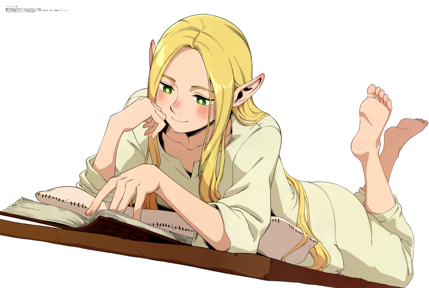 absurdres barefoot blonde_hair blush book bright_pupils collarbone cushion dungeon_meshi elf feet green_eyes hagano_yoshifumi hair_down highres long_hair lying marcille_donato megami_magazine nose_blush official_art on_stomach open_book pajamas pants pointy_ears reading shirt simple_background smile soles very_long_hair white_background white_pupils yellow_pants yellow_shirt