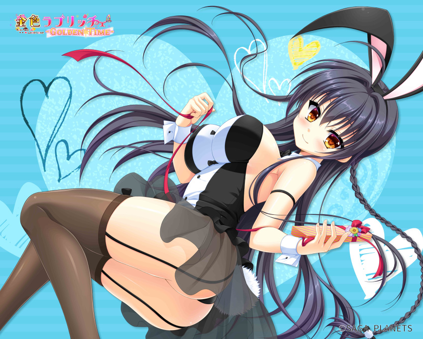 1girl absurdres ahoge animal_ears arisue_tsukasa ass bare_shoulders black_dress black_hair blush braid breasts brown_eyes brown_thighhighs closed_mouth company_name copyright_name curvy detached_collar dress dutch_angle fake_animal_ears fake_tail feet_out_of_frame floating_hair garter_straps gift hair_between_eyes hair_intakes heart highres holding holding_gift huge_ahoge impossible_clothes incredibly_absurdres jougasaki_ayaka kin-iro_loveriche knees_together_feet_apart large_breasts light_blue_background long_hair looking_at_viewer official_art playboy_bunny rabbit_ears rabbit_tail short_dress sidelocks simple_background single_braid skindentation smile solo strapless strapless_dress tail textless_version thighhighs thighs third-party_edit very_long_hair white_wrist_cuffs wrist_cuffs