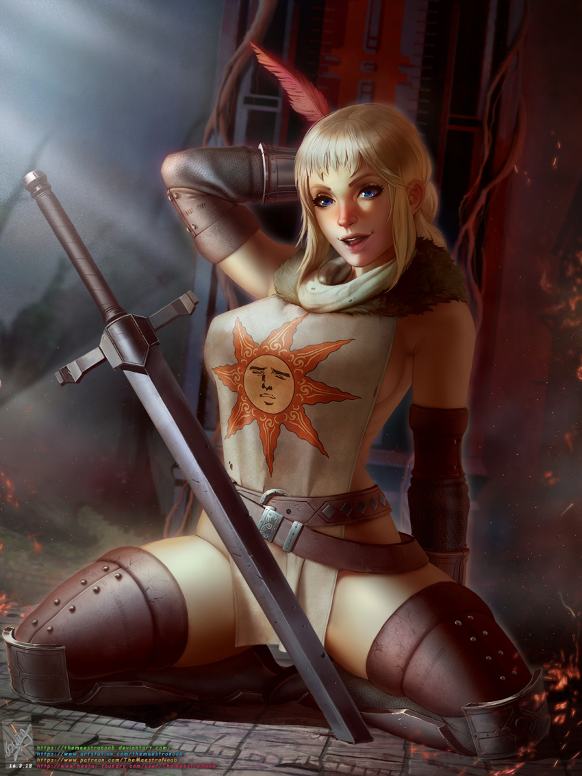 1girl arm_behind_head armored_boots bare_shoulders belt blue_eyes boots breasts brown_belt brown_thighhighs dark_souls_(series) dark_souls_i detached_sleeves fur_collar genderswap genderswap_(mtf) groin highres kneeling large_breasts legs_apart smile solaire_of_astora solo sword teeth themaestronoob thighhighs weapon