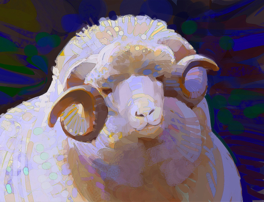 animal art_study commentary english_commentary faux_traditional_media fluffy highres horns looking_at_viewer multicolored_background no_humans portrait ram_(animal) sheep_horns sketch wool yuming_li