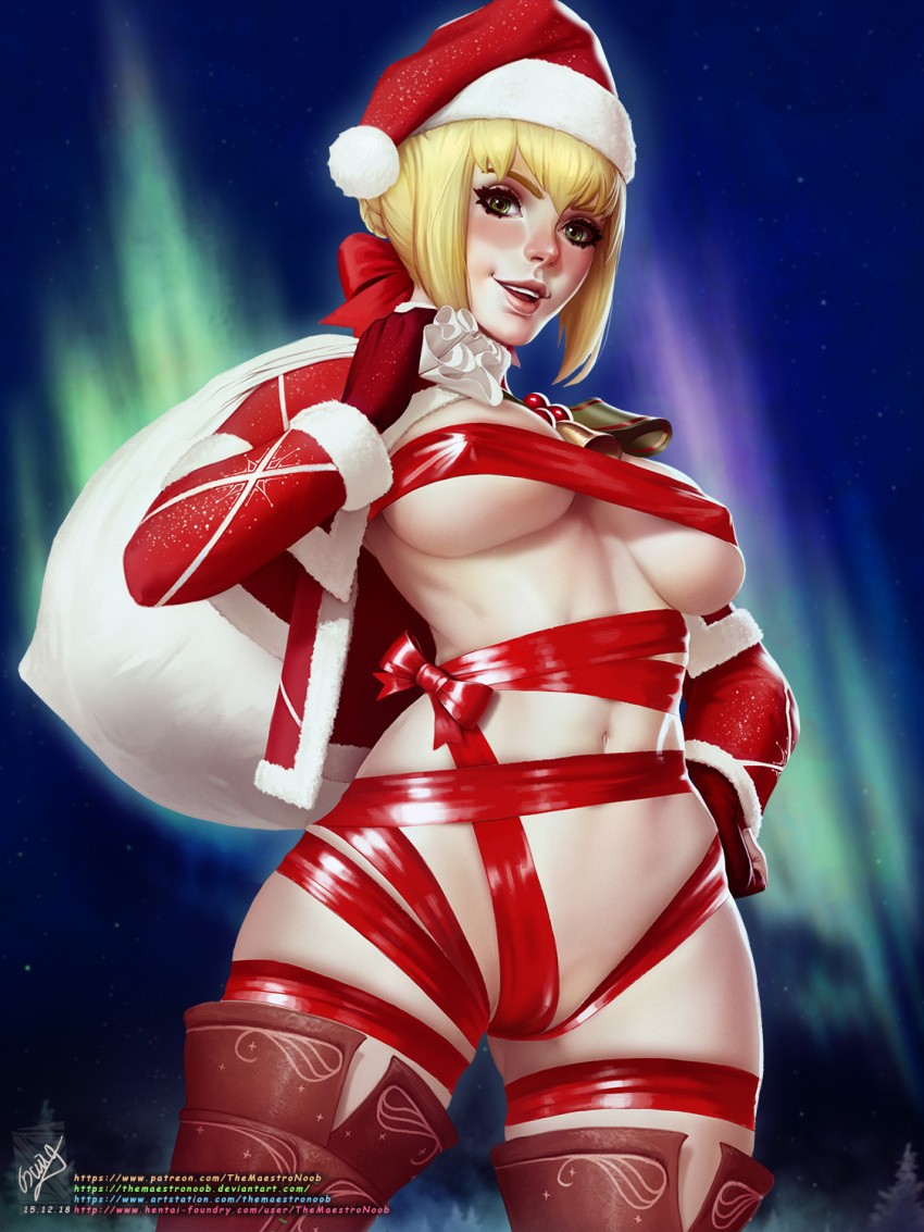 1girl :d bell blush boots bow capelet covered_nipples cowboy_shot fate/grand_order fate_(series) gloves green_eyes groin hair_bow hat highres holding holding_sack long_sleeves naked_ribbon navel neck_bell nero_claudius_(fate) outdoors red_bow red_capelet red_footwear red_gloves red_ribbon ribbon sack santa_hat smile snowflake_print solo teeth themaestronoob thigh_boots upper_teeth_only web_address