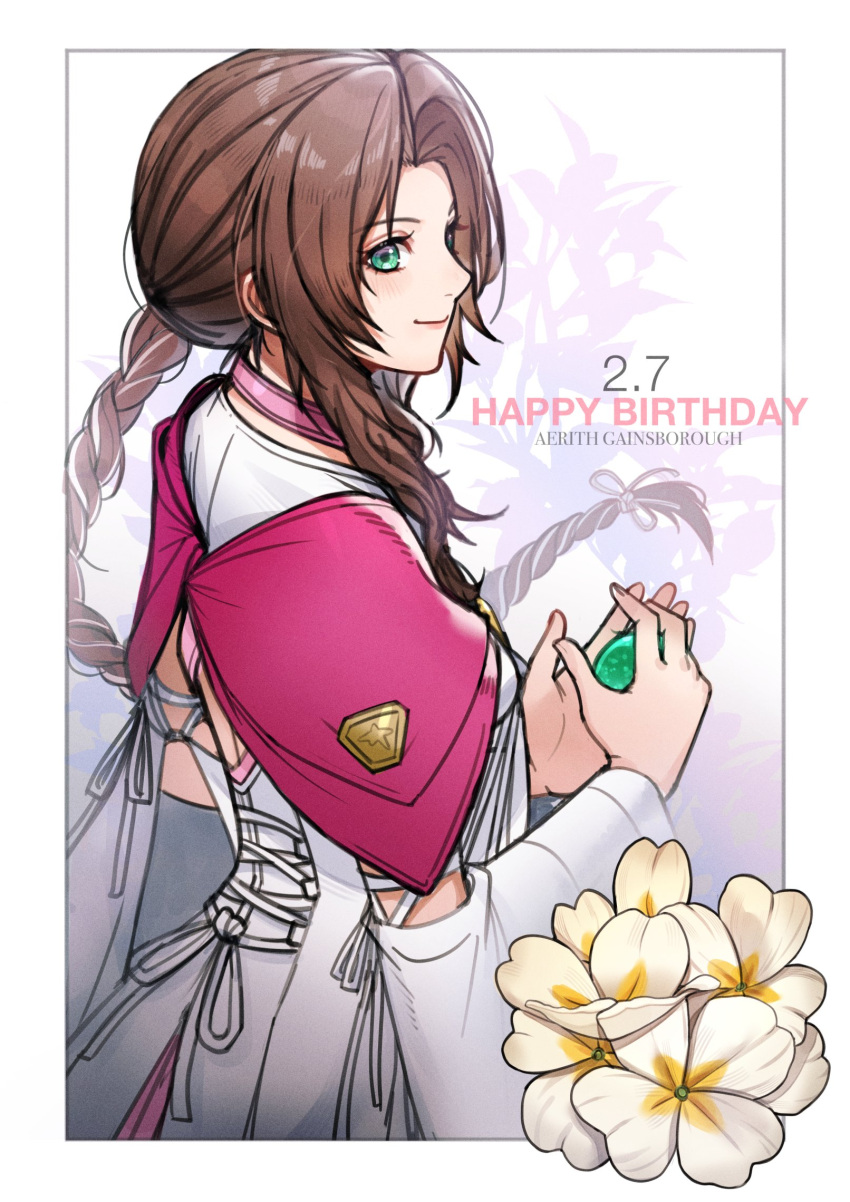 1girl aerith_gainsborough aerith_gainsborough_(floral_gown) braid braided_ponytail brown_hair choker corset cross-laced_clothes cross-laced_corset detached_sleeves dress final_fantasy final_fantasy_vii final_fantasy_vii_ever_crisis flower green_eyes happy_birthday highres holding long_dress lukrevadraws materia official_alternate_costume pink_choker smile solo wide_sleeves