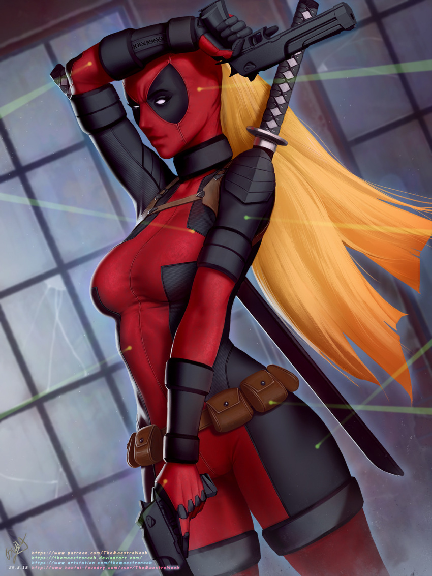 1girl arm_up belt black_bodysuit blonde_hair bodysuit brown_belt deadpool deadpool_(movie) dual_wielding dutch_angle genderswap genderswap_(mtf) gun handgun highres holding holding_gun holding_weapon long_hair marvel pouch red_bodysuit solo themaestronoob weapon weapon_on_back web_address white_eyes