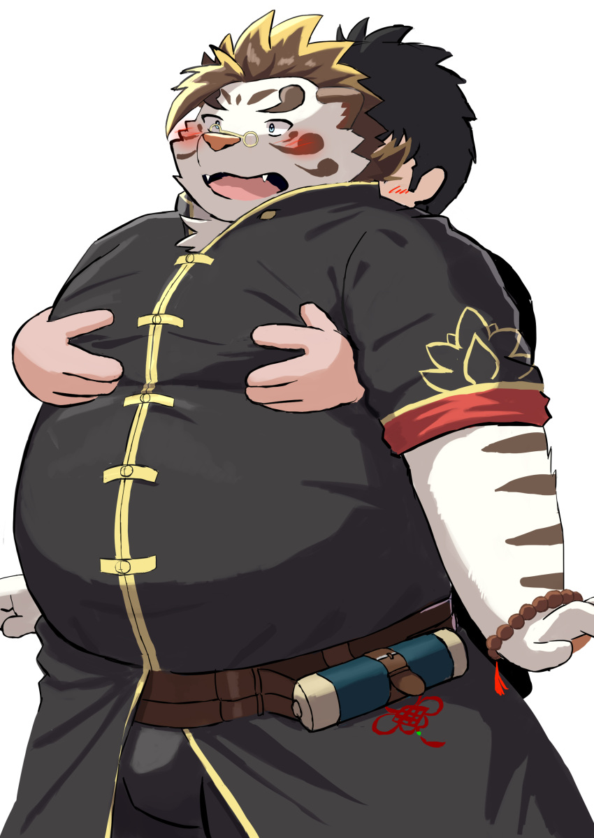 2024 9dtq0 absurd_res anthro belly big_belly blush bottomwear clothed clothing duo embrace eyewear felid fur glasses hi_res hug hugging_from_behind human human_on_anthro humanoid_hands interspecies kemono licho_(tas) lifewonders male mammal moob_grab overweight overweight_male pantherine pants protagonist_(tas) simple_background tiger tokyo_afterschool_summoners white_background white_body white_fur