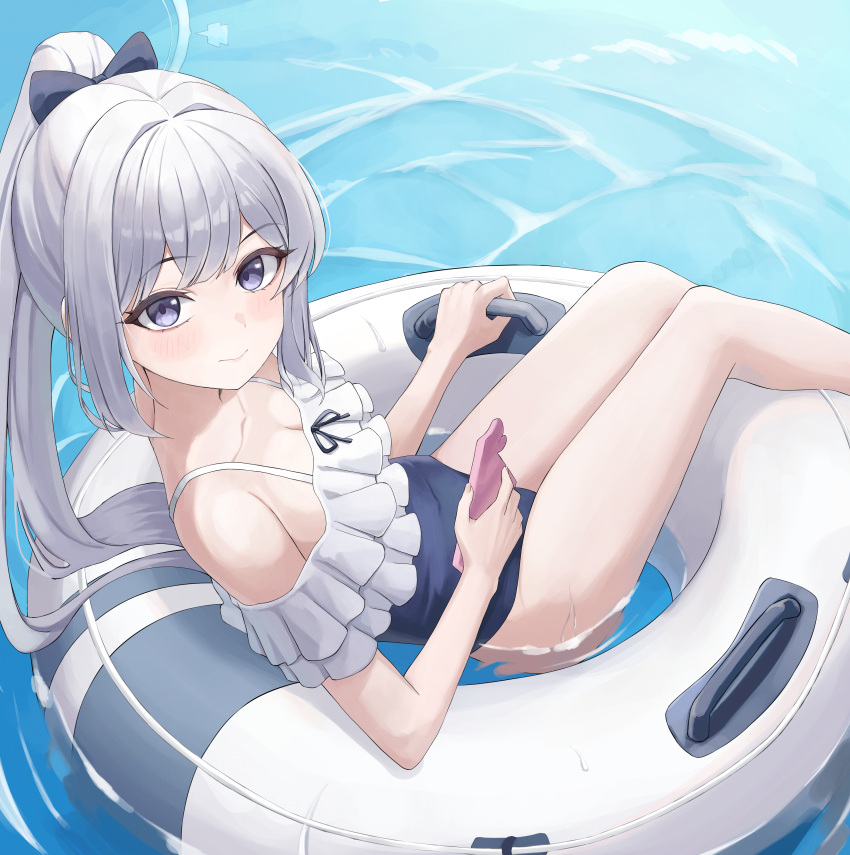 1girl absurdres bare_arms bare_legs bare_shoulders black_one-piece_swimsuit blue_archive blue_halo blush cellphone closed_mouth frilled_one-piece_swimsuit frills grey_hair halo highres holding holding_phone innertube long_hair looking_at_viewer miyako_(blue_archive) miyako_(swimsuit)_(blue_archive) official_alternate_costume one-piece_swimsuit perilpoint phone ponytail purple_eyes smartphone solo swim_ring swimsuit water