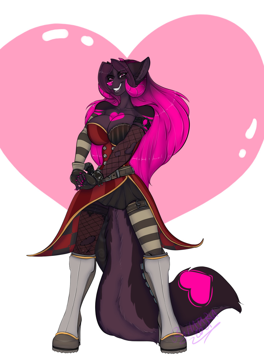 &lt;3 anthro big_breasts black_body black_fur borderlands breasts canid canine confident fluffy fluffy_tail fox fur hatarla hearts_around_body herm hi_res horn intersex invalid_tag magenta_hair mammal posed seductive shaezie smile solo video_games