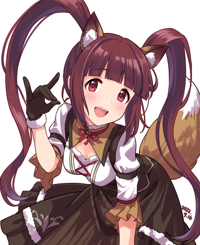 1girl animal_ear_fluff animal_ears black_gloves black_skirt blush breasts brown_eyes brown_hair damokan66 dated dot_nose fake_animal_ears fake_tail fox_ears fox_shadow_puppet fox_tail fur-trimmed_gloves fur-trimmed_shirt fur-trimmed_skirt fur_trim gloves hand_up highres idolmaster idolmaster_million_live! idolmaster_million_live!_theater_days leaning_forward long_hair looking_at_viewer matsuda_arisa medium_breasts neck_ribbon open_mouth red_ribbon ribbon shirt short_sleeves simple_background skirt smile solo tail teeth twintails upper_teeth_only white_background white_shirt