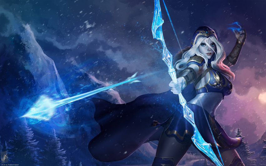 1girl absurdres ahri_(league_of_legends) arm_up arrow_(projectile) artist_name blue_cape blue_skirt blue_thighhighs bow_(weapon) breasts brown_gloves brown_pantyhose cape colored_skin fur-trimmed_cape fur_trim gloves glowing grey_hair grey_skin highres holding holding_bow_(weapon) holding_weapon hood hood_up hooded_cape large_breasts league_of_legends long_hair magic mountain outdoors pantyhose shoulder_plates signature skirt snow snowing solo themaestronoob thighhighs weapon