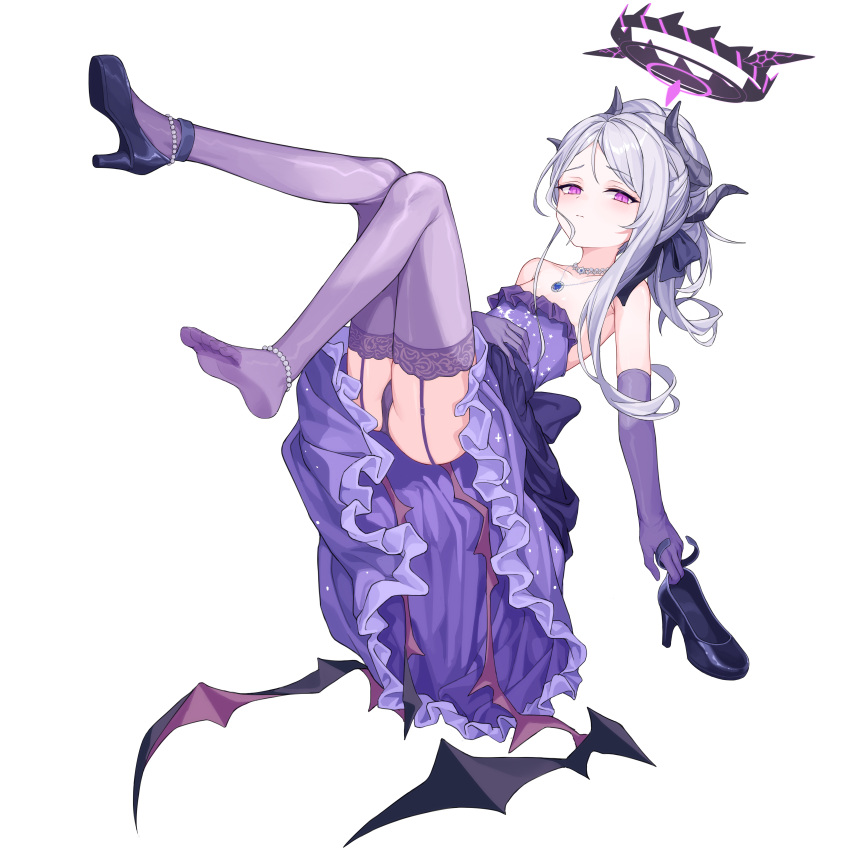 1girl absurdres anklet blue_archive dress elbow_gloves feet full_body garter_straps gloves grey_hair halo high_heels highres hina_(blue_archive) hina_(dress)_(blue_archive) holding holding_shoes horns jewelry legs long_hair looking_at_viewer necklace no_shoes pantyhose purple_dress purple_eyes purple_gloves purple_pantyhose purple_thighhighs shoes simple_background single_shoe soles solo strapless strapless_dress thighhighs toes white_background wings yume_(454565427)