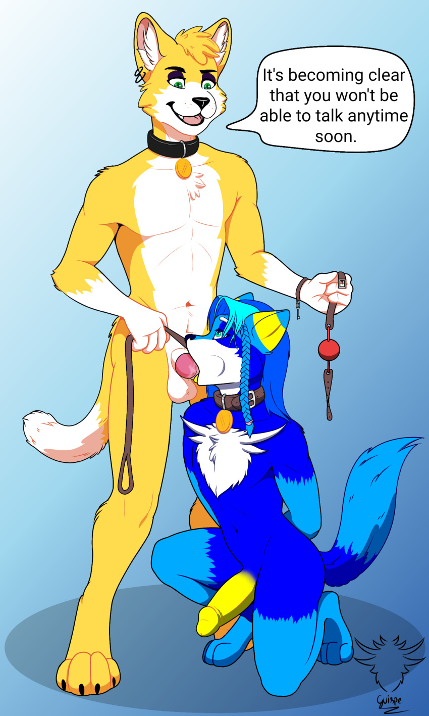 2024 3:5 absurd_res anthro ball_gag balls bdsm blue_body bodily_fluids bondage bound canid canine canis collar colored cuff_(restraint) dialogue digital_drawing_(artwork) digital_media_(artwork) domestic_cat duo english_text erection felid feline felis fellatio fur gag genital_fluids genitals guispe_(guispe_opockjha) guispe_opockjha hair handcuffed handcuffs hi_res key kneeling kneeling_oral_position leash leash_pull lord_canute male male/male mammal metal_cuffs nude oral oral_penetration penetration penile penis precum restraints sex shaded signature smile spittle submissive tentacles text watermark wolf yellow_body
