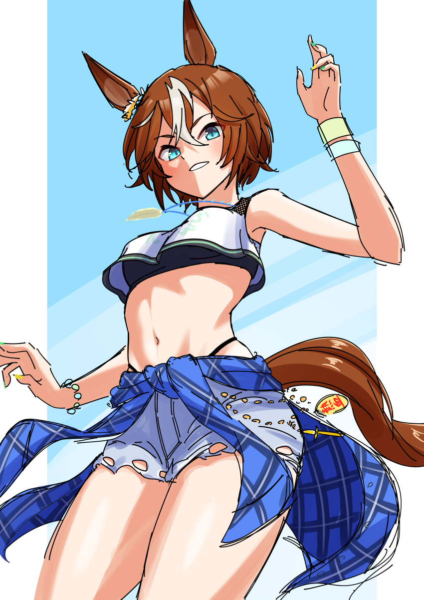 1girl :d absurdres animal_ears aqua_eyes arm_up bamboo_memory_(ultra_marine)_(umamusume) bamboo_memory_(umamusume) bare_shoulders bikini bikini_under_clothes black_bikini blue_background blush bracelet breasts brown_hair clothes_around_waist collarbone commentary_request cowboy_shot crop_top crop_top_overhang denim denim_shorts ear_ornament green_nails grin hair_between_eyes highleg highleg_bikini highres horse_ears horse_girl horse_tail jacket jewelry looking_at_viewer midriff multicolored_hair multicolored_nails navel necklace official_alternate_costume plaid plaid_jacket senchan_7 short_hair short_shorts shorts sidelocks small_breasts smile solo standing streaked_hair swimsuit tail tank_top torn_clothes torn_shorts umamusume white_hair white_tank_top wristband yellow_nails