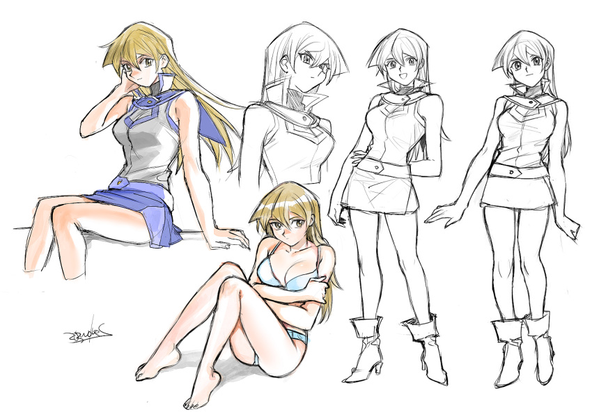 203wolves arm_support bangs bare_arms bare_legs blonde_hair blue_sailor_collar blue_skirt bra breasts brown_eyes cleavage closed_mouth collarbone cropped_legs duel_academy_uniform_(yu-gi-oh!_gx) floating_hair full_body grey_shirt hair_between_eyes hand_in_hair long_hair looking_at_viewer medium_breasts miniskirt panties sailor_collar shiny shiny_hair shirt signature sitting sketch skirt sleeveless sleeveless_shirt standing straight_hair tenjouin_asuka underwear underwear_only very_long_hair white_background white_bra white_panties yu-gi-oh! yu-gi-oh!_gx