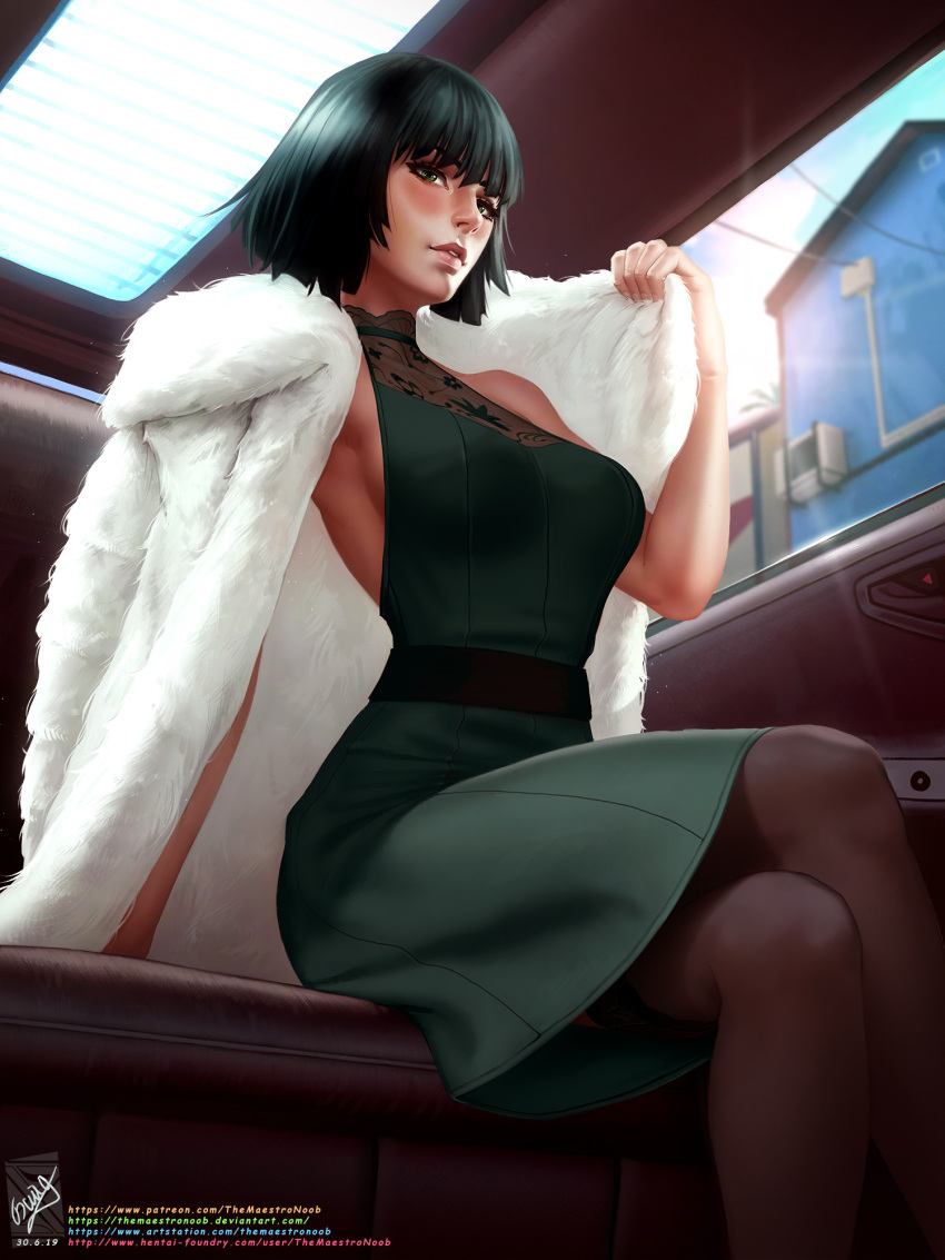 1girl bare_shoulders black_hair blue_sky blush breasts building car_interior car_seat coat commentary corset crossed_legs dress english_commentary from_below fubuki_(one-punch_man) fur_coat green_dress green_eyes green_footwear highres holding holding_clothes holding_coat jacket jacket_on_shoulders jewelry large_breasts necklace one-punch_man parted_lips short_hair sitting sky solo themaestronoob variant_set window