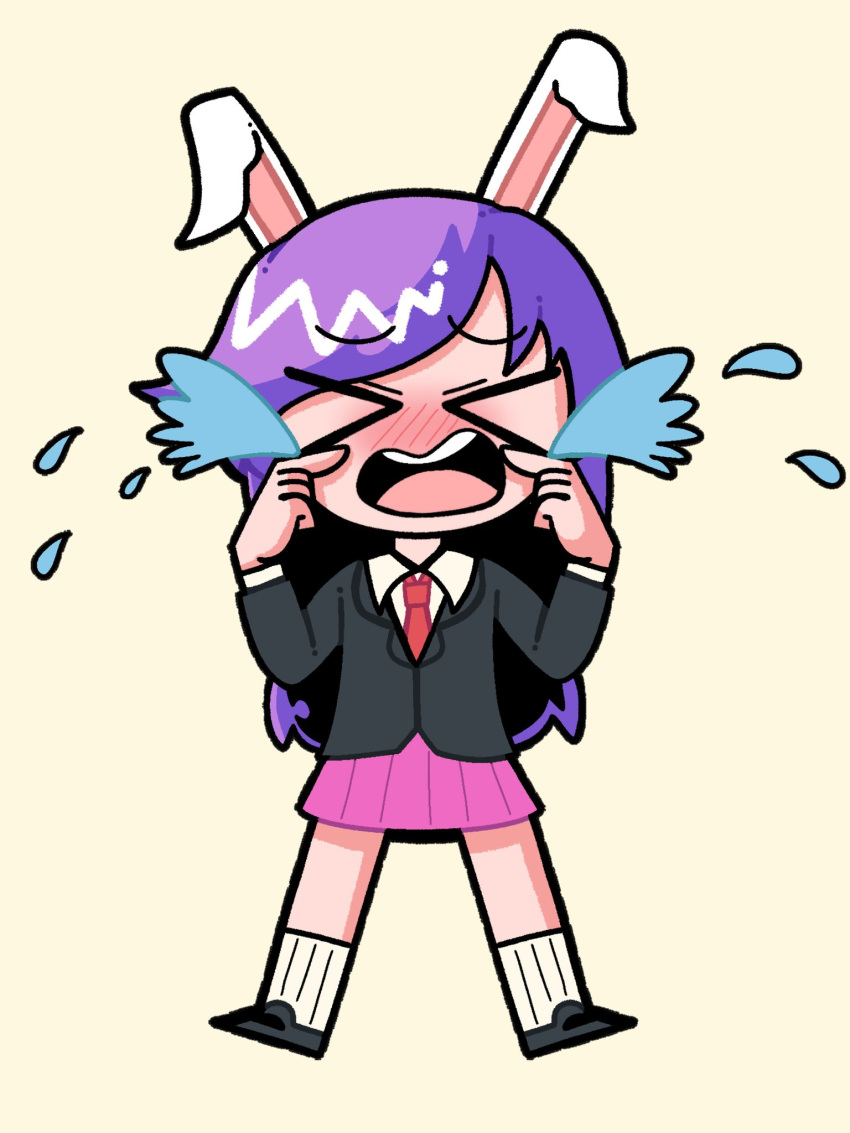 &gt;_&lt; 1girl animal_ears black_footwear black_jacket blazer blush closed_eyes collared_shirt commentary_request cookie_(touhou) crying full_body highres hisui_(cookie) jacket long_hair medium_bangs necktie open_mouth pink_skirt purple_hair rabbit_ears rabbit_girl red_necktie reisen_udongein_inaba shirt shoes simple_background skirt socks solo streaming_tears swept_bangs sznkrs tears teeth touhou upper_teeth_only very_long_hair white_shirt white_socks