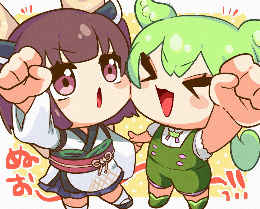 &gt;_&lt; 2girls :3 :o arm_up blue_skirt blush_stickers border brooch brown_hair chibi excited foreshortening green_footwear green_hair green_overalls headgear highres japanese_clothes jewelry kimono kiritanpo_(food) long_hair looking_up low_ponytail micchan_(bonyu0430) multiple_girls neck_ribbon notice_lines obi obiage obijime outside_border overall_shorts overalls oversized_food oversized_object pleated_skirt polka_dot polka_dot_background purple_eyes raised_fist ribbon sandals sash shirt short_kimono short_sleeves shoulder_strap skirt socks touhoku_kiritan twintails v-shaped_eyebrows voiceroid voicevox white_border white_shirt white_socks wide_sleeves yellow_background zouri zundamon